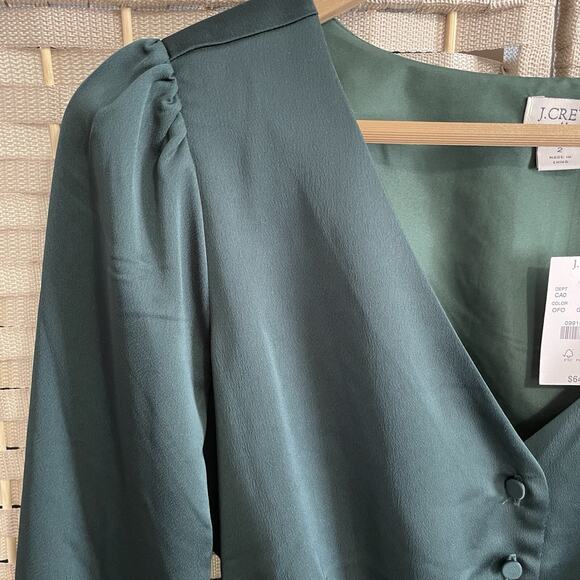 J Crew Satin Crepe Button Front Blouse Size 2 Green Peplum Long Sleeve Lined NEW - Picture 3 of 11